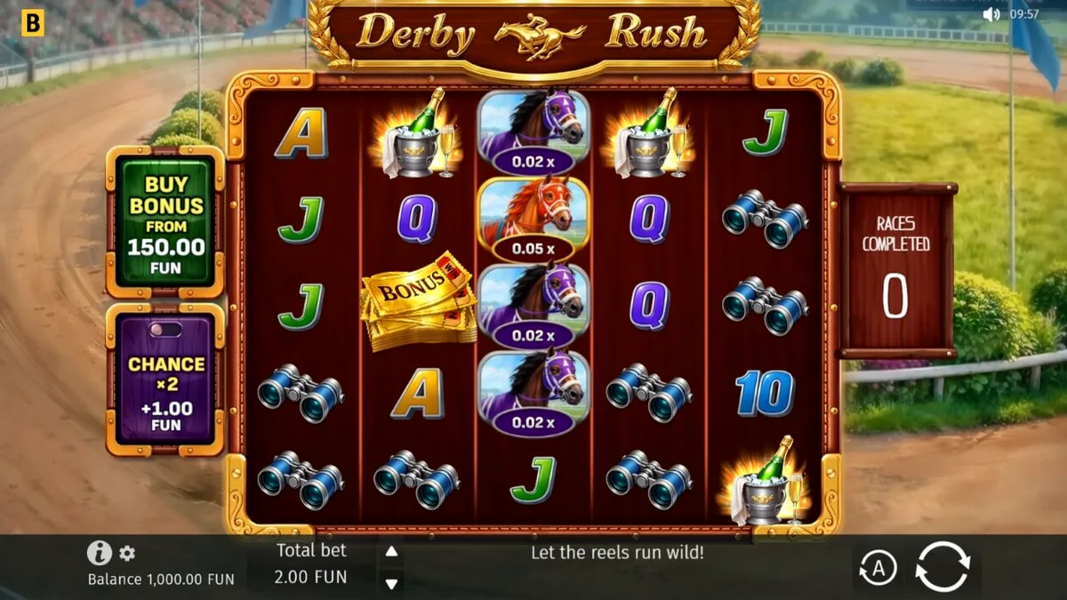 Tampilan visual slot Derby Rush dengan tema pacuan kuda yang mewah
