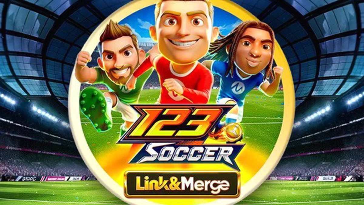 Tampilan visual game slot 123 Soccer Link&Merge dengan tema sepak bola retro